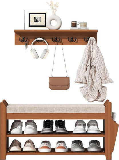 PETKABOO 31.5" Shoe Bench with Coat Rack Hidden Drawer and Side Holder - Image 8