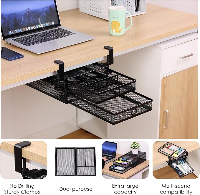 2-Tier Clamp-On Mesh Organizer, Under Desk Storage - Image 5