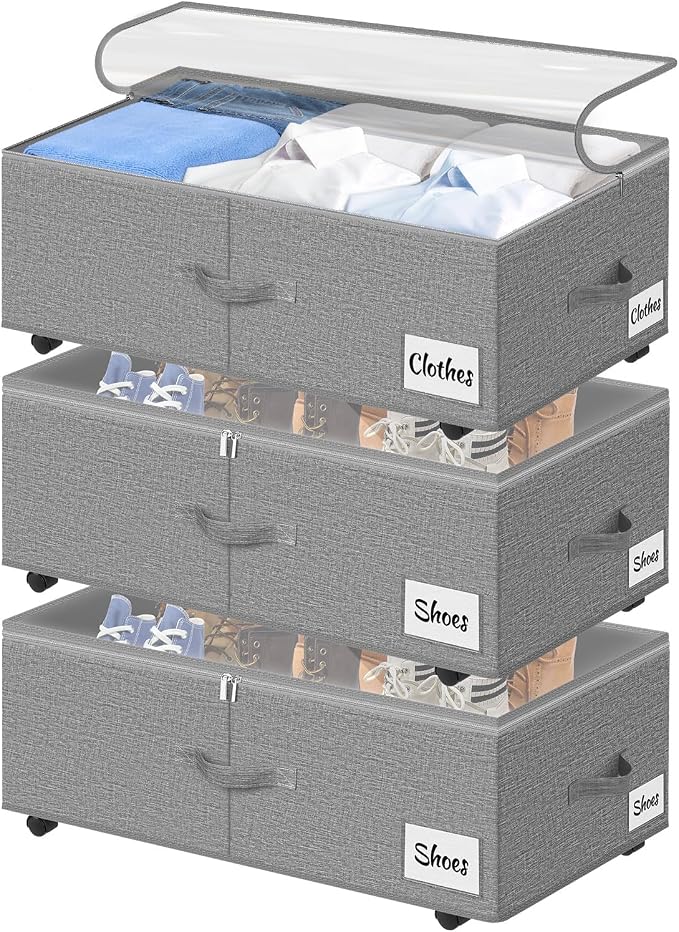 Under Bed Storage with Wheels, Quick Assembly Underbed Shoe Storage Containers by KUKIKAN