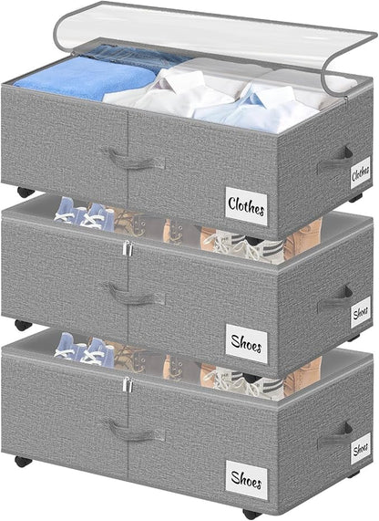 Under Bed Storage with Wheels, Quick Assembly Underbed Shoe Storage Containers by KUKIKAN
