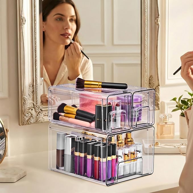 Sorbus 1 Large & 2 Small Clear Stackable Storage Drawers, Plastic Organizer Bins - Image 2