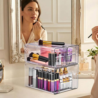 Sorbus 1 Large & 2 Small Clear Stackable Storage Drawers, Plastic Organizer Bins - Image 2