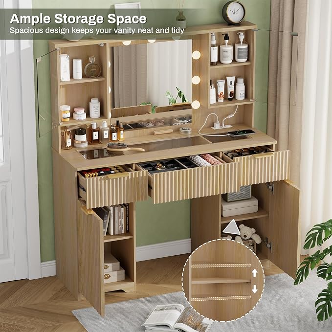 ONME Makeup Vanity Desk with Lights, Natural Wood Fluted Vanity with Tempered - Image 2