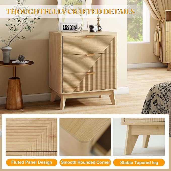 3 Drawer Fluted Nightstand for Bedroom, Modern Wood Night Stand - Image 4