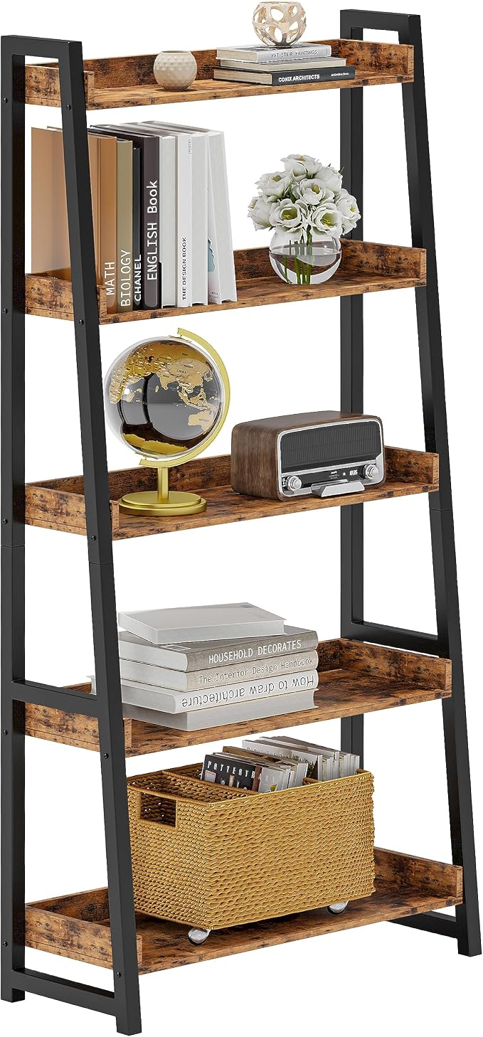 IRONCK Industrial Bookshelf 5-Tier 31.5 in Wide, Bookcase Ladder Shelf by IRONCK