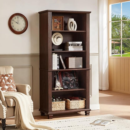 70" Tall Walnut Bookshelf, 5 Tier Wooden Book Shelf - Image 4