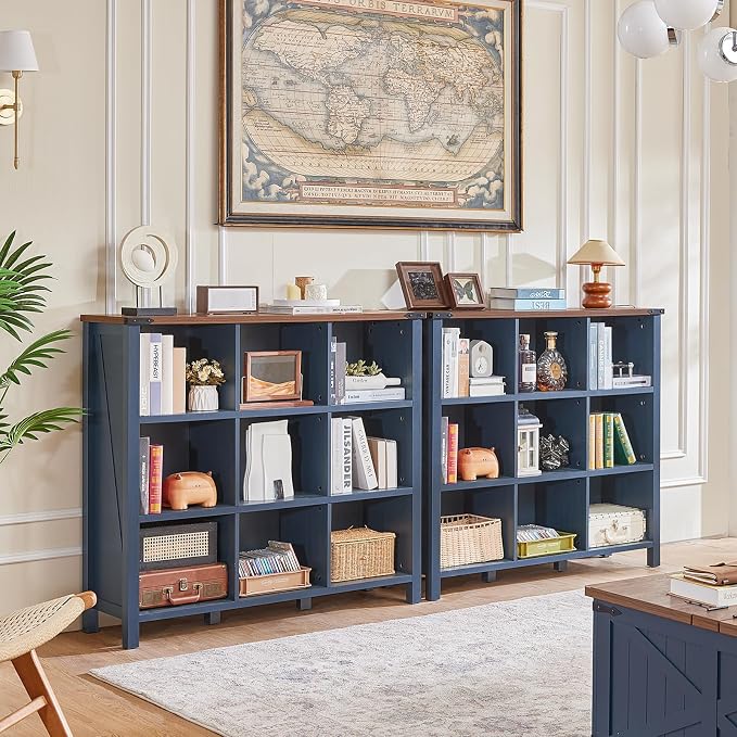 9 Cube Bookcase, Farmhouse 47 Inch Wide Navy Blue Bookshelf, Wooden 3 Tier - Image 5