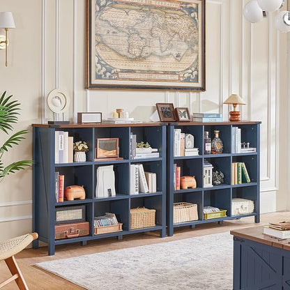 9 Cube Bookcase, Farmhouse 47 Inch Wide Navy Blue Bookshelf, Wooden 3 Tier - Image 5