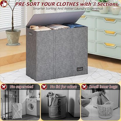 195L Laundry Hamper 3 Section, Large Laundry Hamper - Image 3