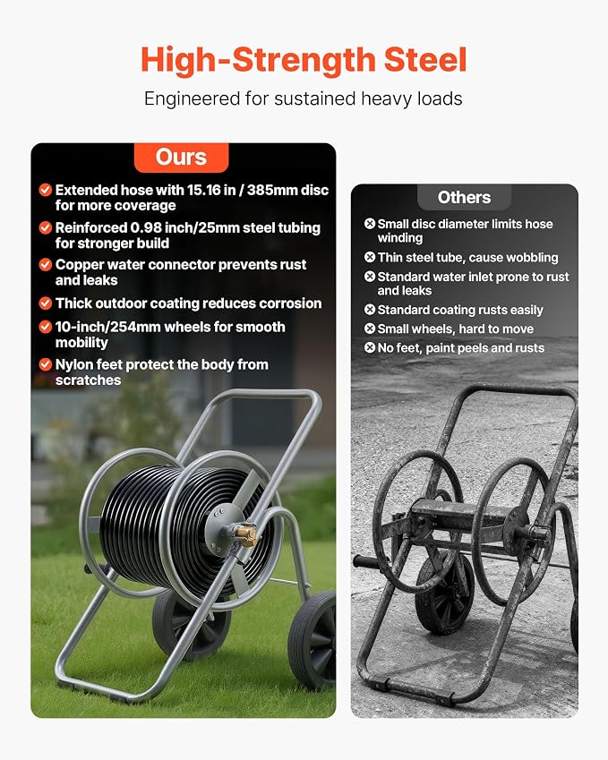 VEVOR Hose Reel Cart, 200/300 ft High-Pressure Garden Hose Cart, Hoses Reel - Image 4