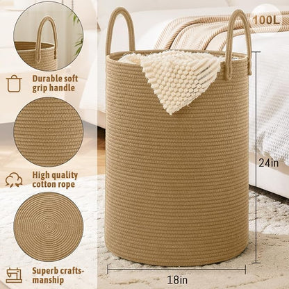 Laundry Basket, Woven Cotton Rope Laundry Hamper, 100L - Image 6
