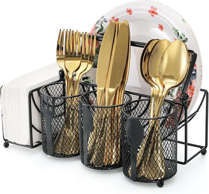 Metal Utensil Caddy with 5 Compartments, Flatware Storage Holder by Mezchi