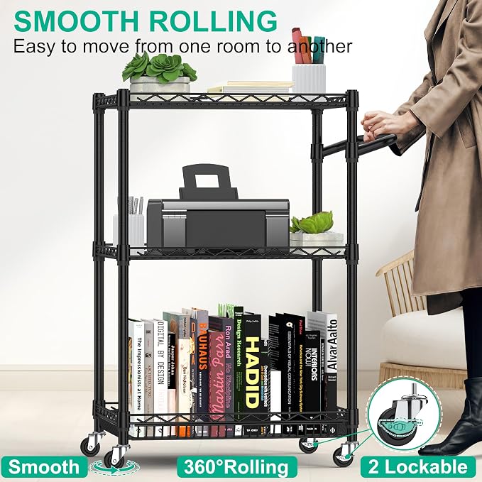 3 Tier Rolling Cart with Wheels, Metal Utility Cart - Image 2