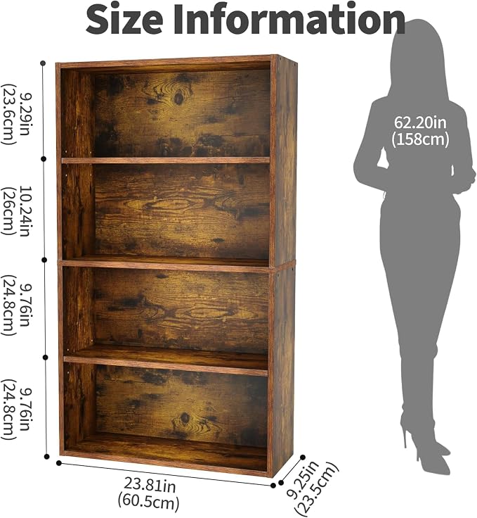 HealSmart 4 Tier Bookcase, Industrial 5 Book Shelf, 9.2" D x 23.8" W x 42" H - Image 3