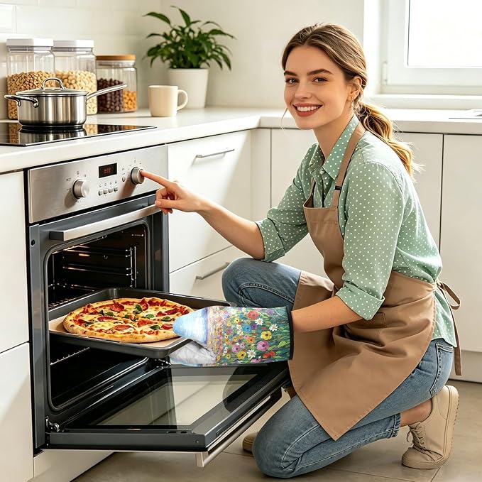 Heat Resistant Oven Mitts, Spring Daisy Colored Flowers Sea Kitchen Gloves - Image 2