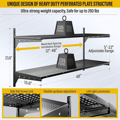 2 Tier 1.3x4ft Garage Shelving Wall Mounted, 15.6x48inch per Shelf Height - Image 3