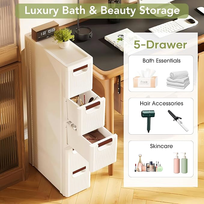 5 Drawers Narrow Bathroom Storage Cabinet, Slim Storage Cabinet, Plastic Slim - Image 3