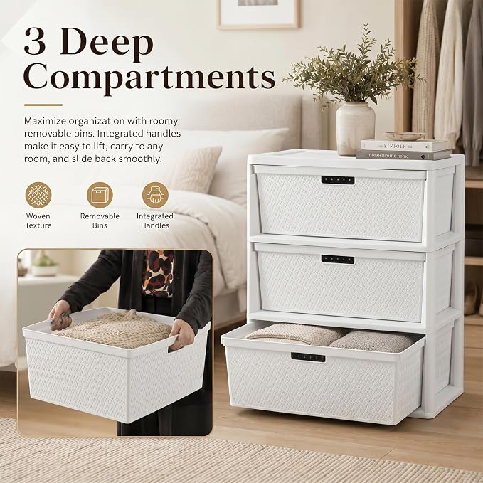 Wide 3-Drawer Plastic Storage Tower, Cross-Weave Floor Cabinet, tool-free - Image 3