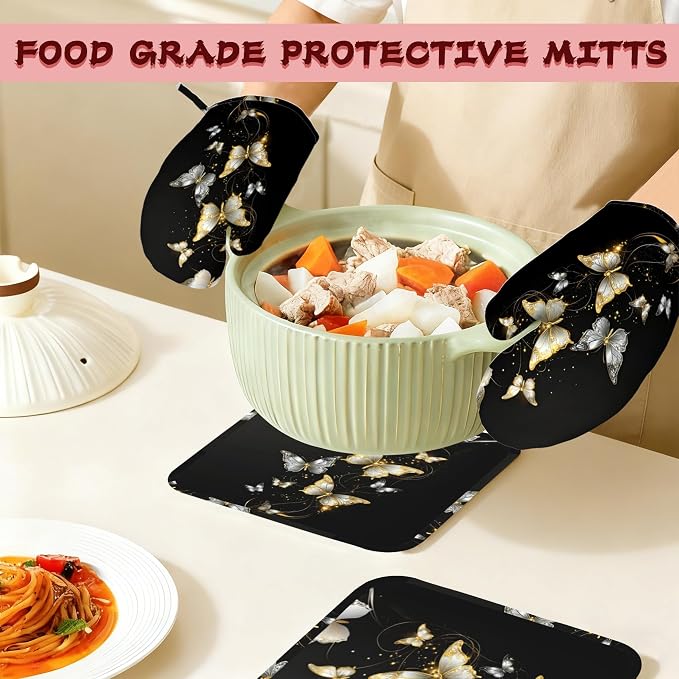 Golden Butterfly Heat-Resistant Silicone Oven Mitts and Pot Holders 4 Piece Set - Image 7