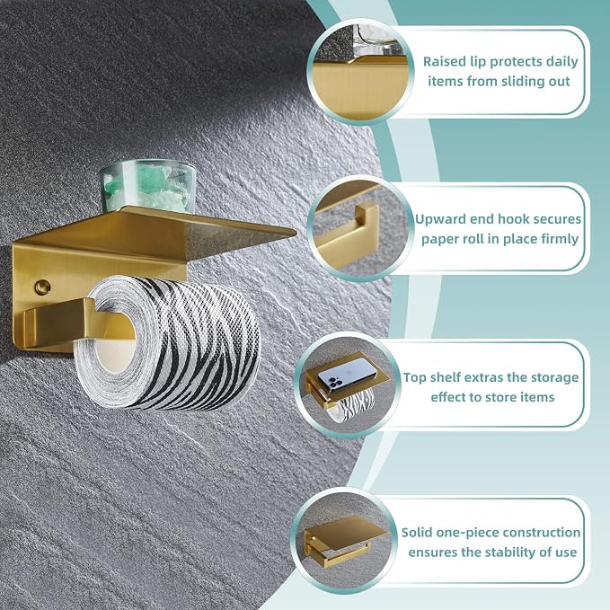 Toilet Paper Holder with Shelf Brushed Gold, APLusee SUS 304 Stainless Steel - Image 5