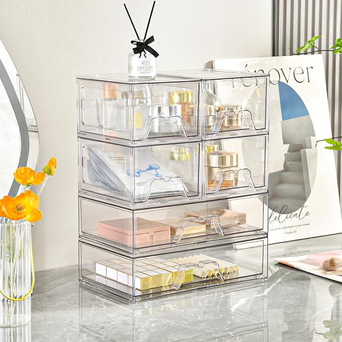 6 Pack Stackable Storage Drawers Clear Acrylic Organizer Makeup Bathroom - Image 5