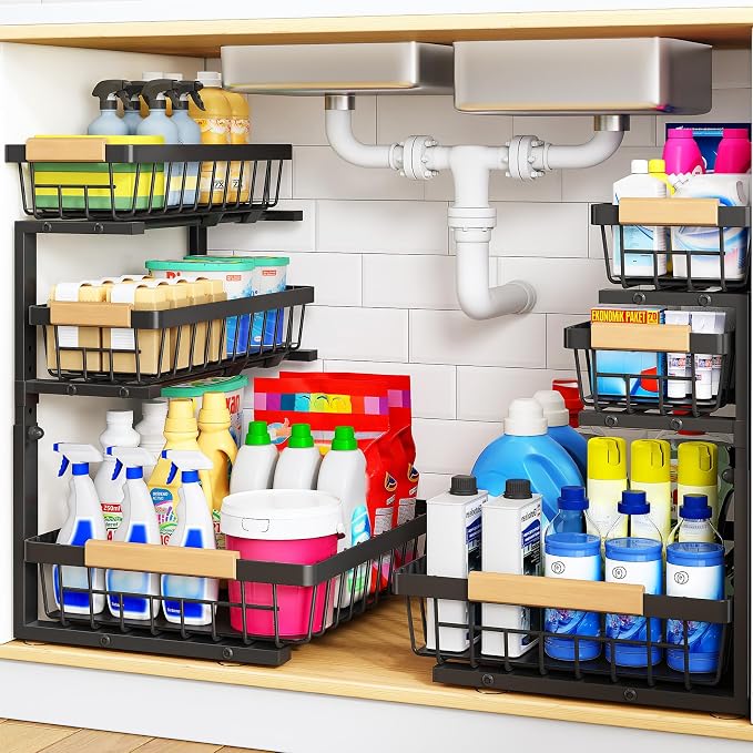 PXRACK Under Sink Organizer, 3-Tier 2-Pack Adjustable Height Pull Out Under by PXRACK