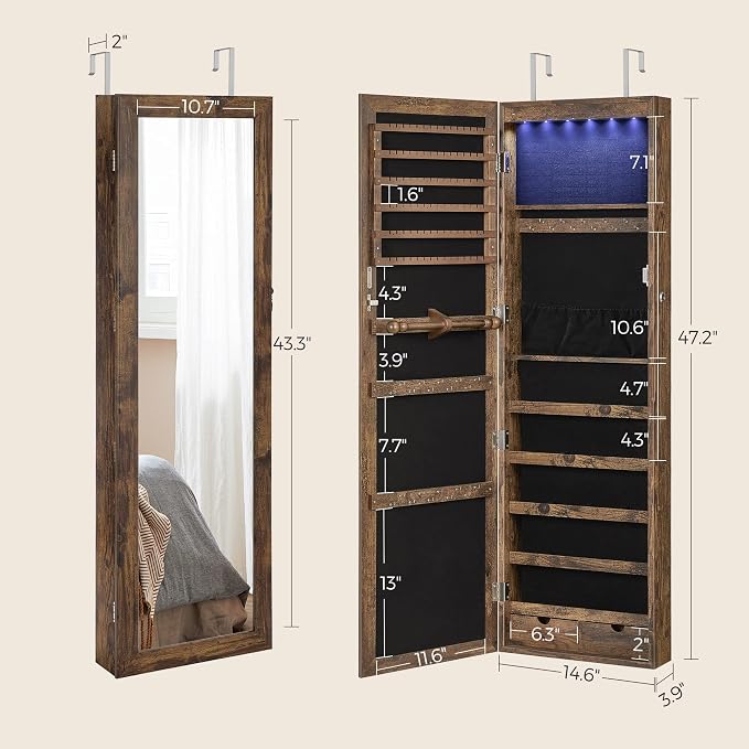 SONGMICS 6 LEDs Mirror Jewelry Cabinet, 47.2-Inch Tall Lockable Wall or Door - Image 6