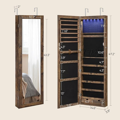 SONGMICS 6 LEDs Mirror Jewelry Cabinet, 47.2-Inch Tall Lockable Wall or Door - Image 6