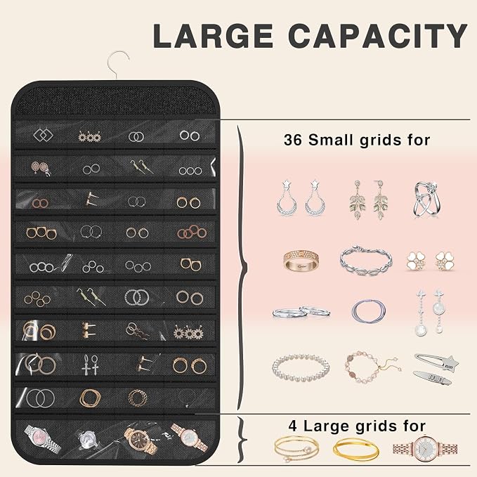 Hanging Jewelry Organizer Storage, 40 Pockets 36 Hooks Necklace Earring - Image 8
