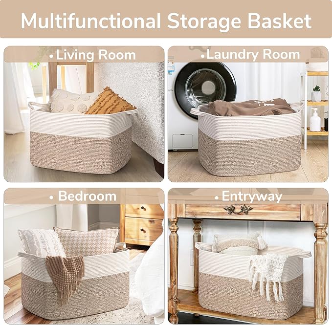Goodpick Extra Large Woven Blanket Basket, 23.6" x 15.7" x 13.8" Storage - Image 4