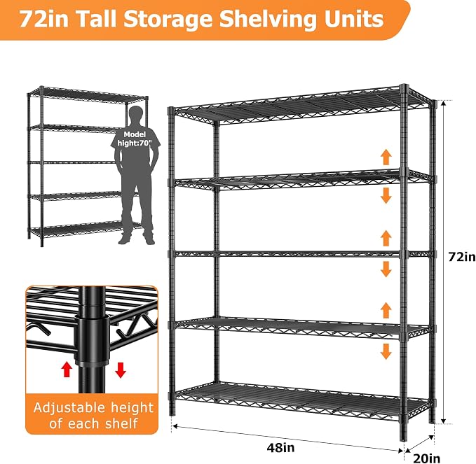 Storage Shelves Heavy Duty, 5-Tier Adjustable Metal Industrial Utility Shelf - Image 2