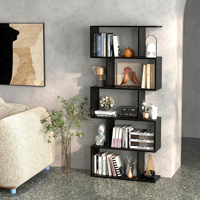 5-Tier Geometric Bookcase, 62.5” Freestanding Room Divider Bookshelf - Image 9