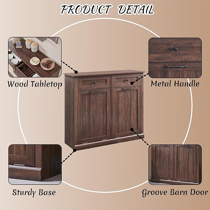 Double Tilt Out Laundry Hamper Cabinet, 20 Gallon Farmhouse Trash Can Cabinet - Image 5