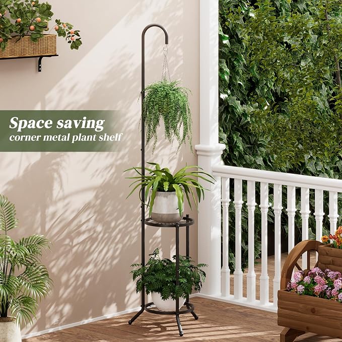 2-Tier Metal Plant Stand with Hanging Hook, Space-Saving Iron Plant Shelf - Image 3