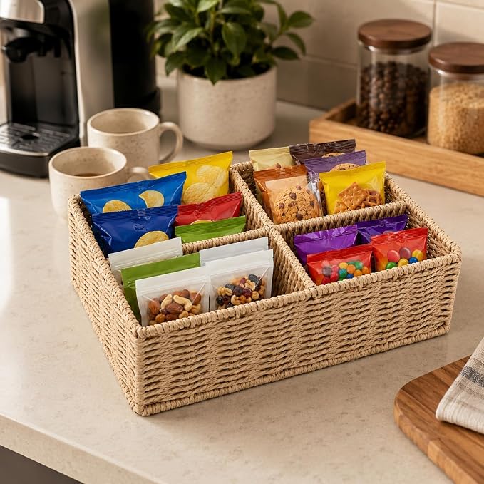 Paper Rope Woven Snack Organizer Basket, 4 Compartment Countertop Storage Bin - Image 4