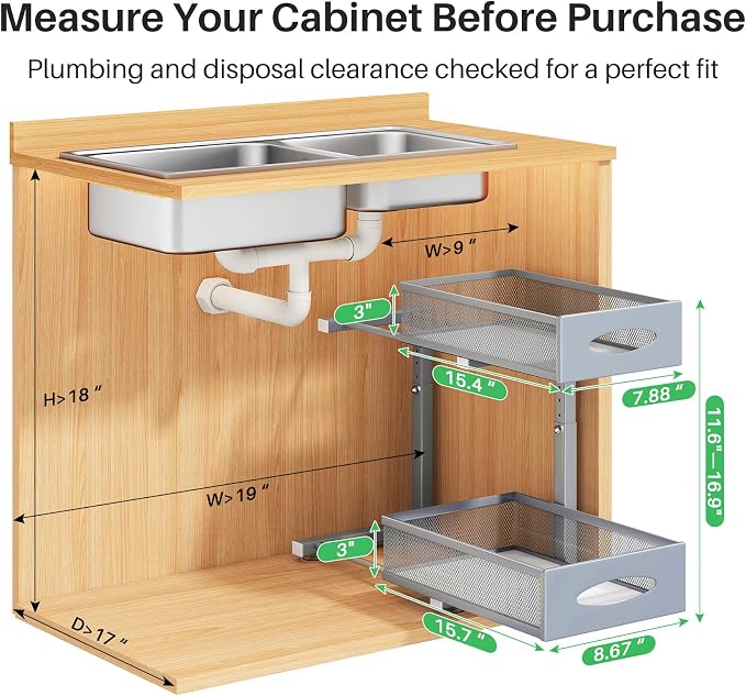 Under Sink Organizer, 2 Pack 2 Tier Pull out Cabinet Organizer Baskets - Image 2