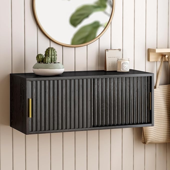 Floating Nightstand with Sliding Doors, Modern Large Night Stand Storage Shelf - Image 5
