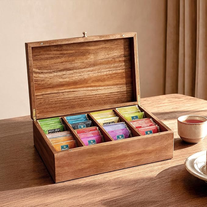 SARUFO Acacia Wood Tea Bag Organizers, Tea Packet Storage Boxes, 8-Compartment by SARUFO