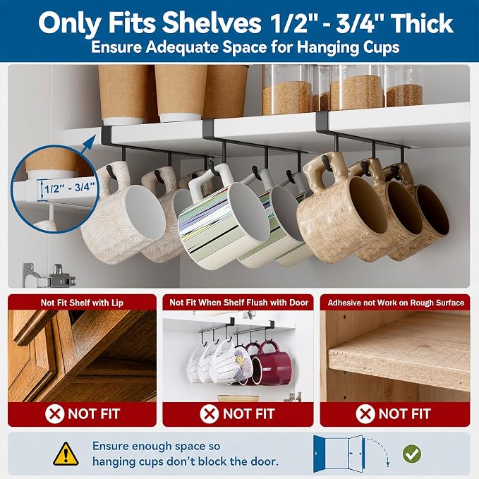 ECROCY Coffee Mug Holder Under Cabinet Only Fits Shelves up to 3/4" Thick - Image 3