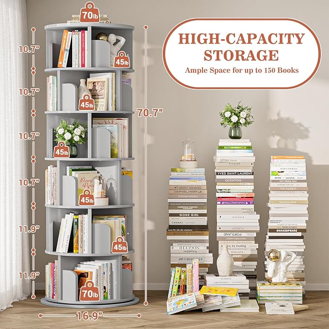 Aheaplus 6 Tier Rotating Bookshelf, Wood Spinning Bookshelf Tower, Round - Image 2