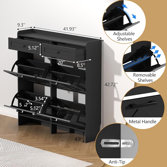 Thacuok Shoe Cabinet with 4 Flip Drawers & 2 Storage Drawers, Rustic Farmhouse - Image 6