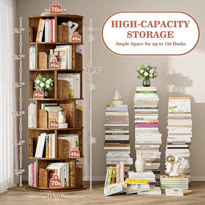 Aheaplus 6 Tier Rotating Bookshelf, Wood Spinning Bookshelf Tower, Round - Image 2