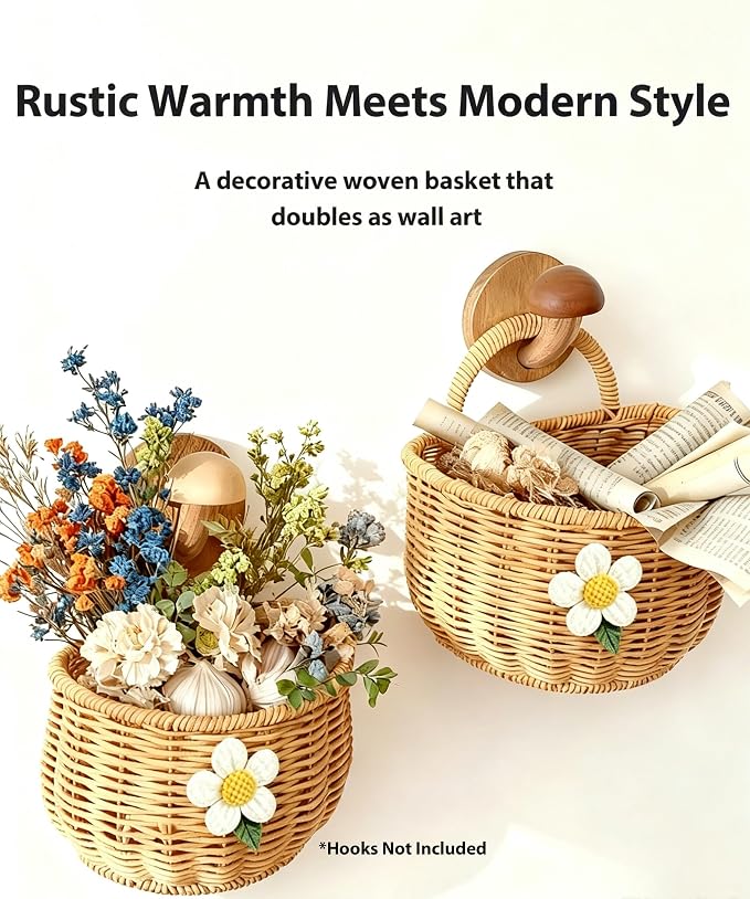 2 Pack Wall Hanging Rattan Baskets, Hand-Woven Storage Basket, Small Wall - Image 5