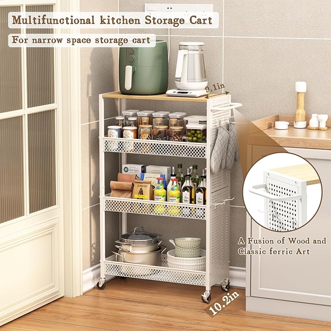 Utility Slim Storage Cart 4 Tier Small Rolling Kitchen Laundry Room - Image 3
