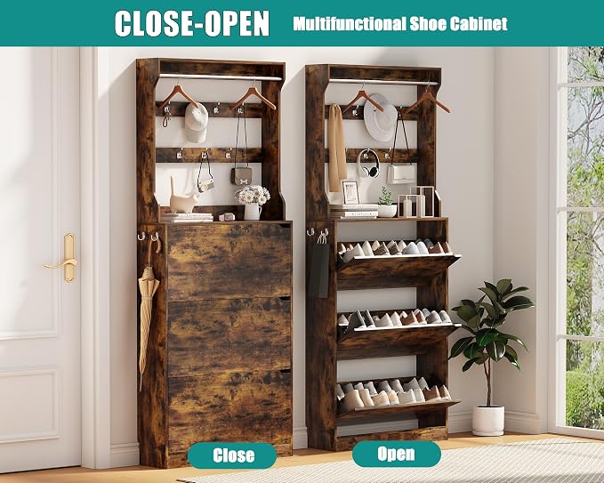 Shoe Cabinet for Entryway with 3 Flip Drawers, Narrow Hidden Slim Freestanding - Image 7
