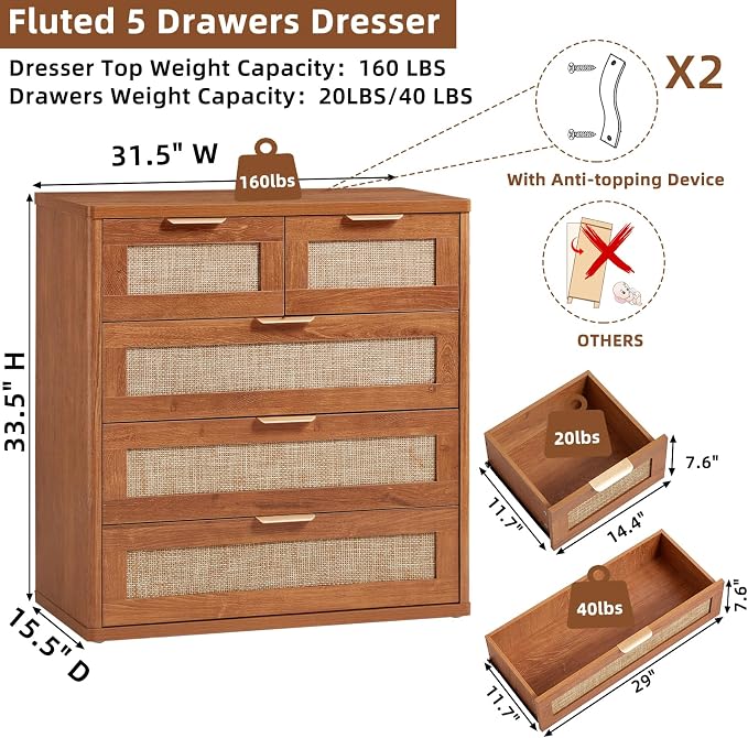 LEYAOYAO Rattan Dresser for Bedroom Set of 2, 33.5" Tall Chest of Drawers - Image 3