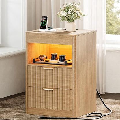 REAHOME Fluted Nightstand with Charging Station, Modern LED Night Stand with 2 - Image 9
