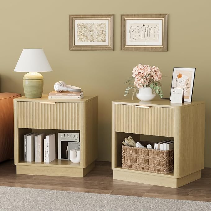 Fluted Nightstand with Charging Station Modern Bedside Table with Drawer and - Image 4