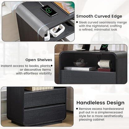 Curved Black Nightstand with Charging Station, Modern Bedside Table with 2 - Image 6
