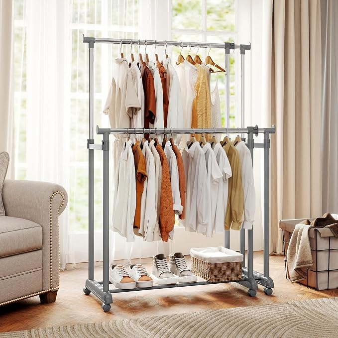 COSTWAY Double Rod Clothing Rack, Heavy-Duty Metal Garment Rack - Image 3